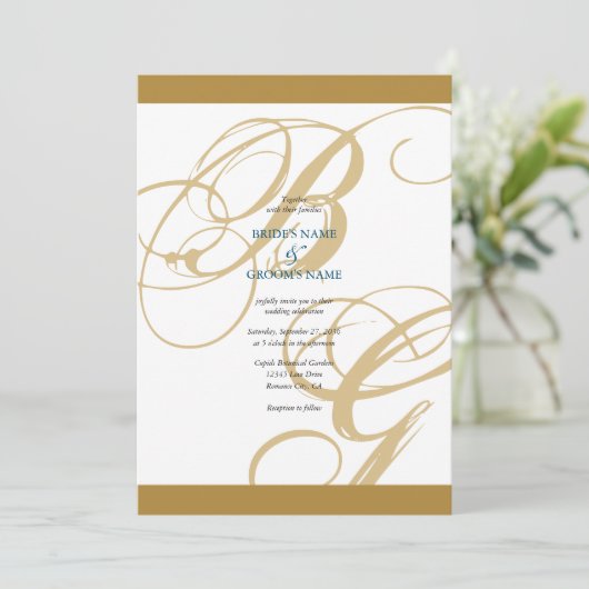 Gold Blue Elegant Script Monogram Weddenschap Kaart (Staand voorkant)