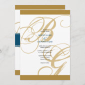 Gold Blue Elegant Script Monogram Weddenschap Kaart (Voorkant / Achterkant)