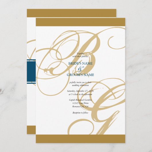 Gold Blue Elegant Script Monogram Weddenschap Kaart (Voorkant / Achterkant)