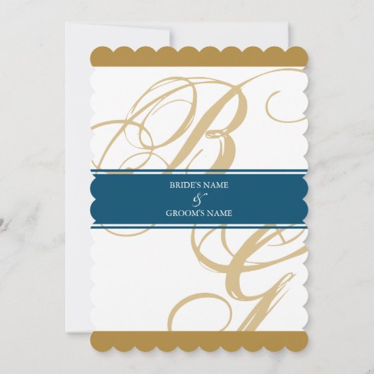 Gold Blue Elegant Script Monogram Weddenschap Kaart (Achterkant)