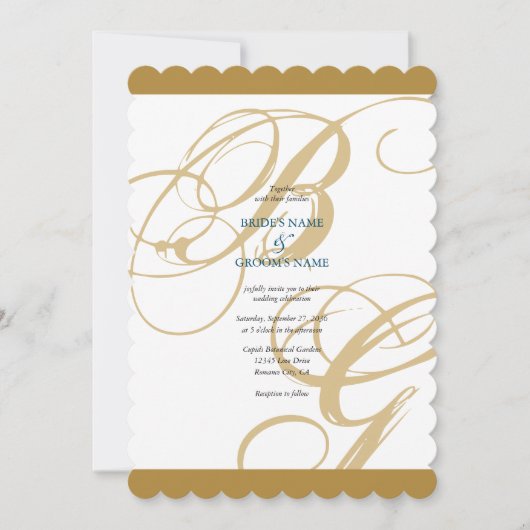 Gold Blue Elegant Script Monogram Weddenschap Kaart (Voorkant)