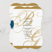 Gold Blue Elegant Script Monogram Weddenschap Kaart (Voorkant / Achterkant)