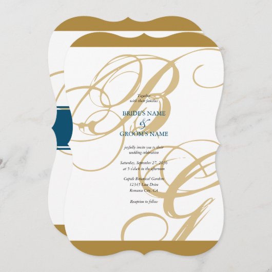 Gold Blue Elegant Script Monogram Weddenschap Kaart (Voorkant / Achterkant)
