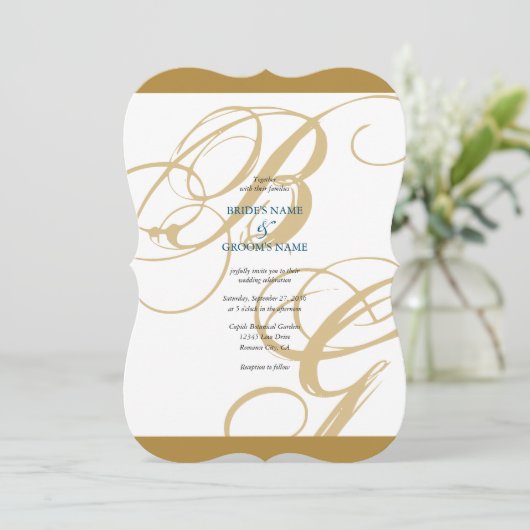 Gold Blue Elegant Script Monogram Weddenschap Kaart (Staand voorkant)
