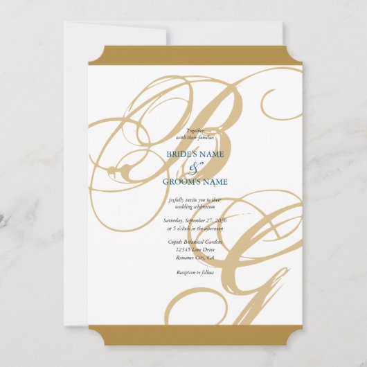 Gold Blue Elegant Script Monogram Weddenschap Kaart (Voorkant)