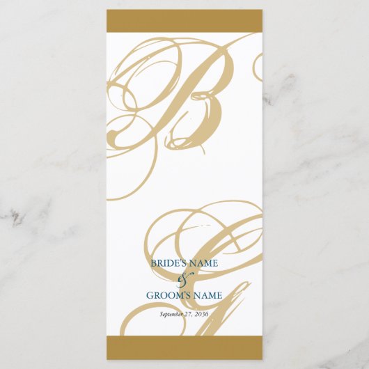 Gold Blue Elegant Script Monogram Weddenschap Menu (Achterkant)