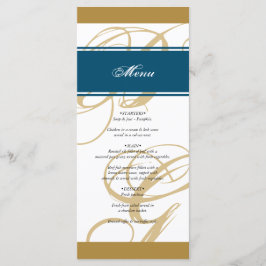 Gold Blue Elegant Script Monogram Weddenschap Menu