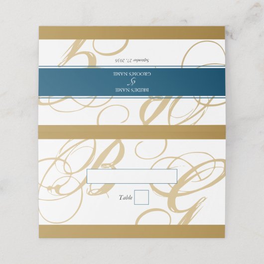 Gold Blue Elegant Script Monogram Weddenschap Plaatskaartje (Buitenkant ongevouwen)
