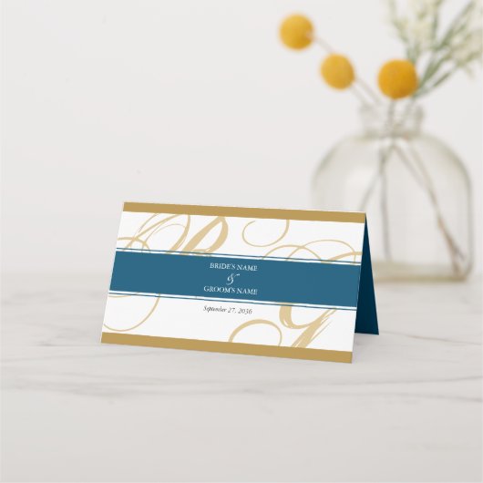 Gold Blue Elegant Script Monogram Weddenschap Plaatskaartje (Achterkant)