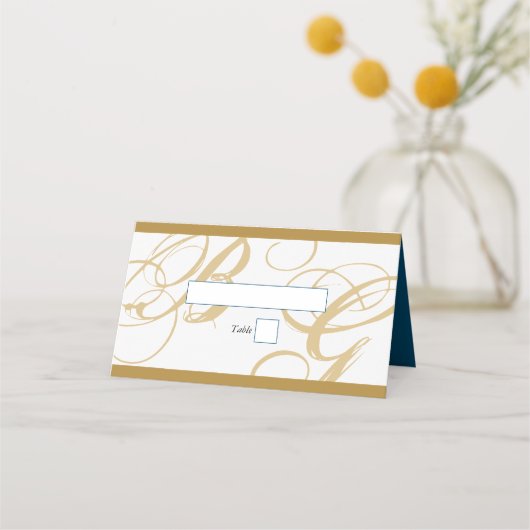 Gold Blue Elegant Script Monogram Weddenschap Plaatskaartje (Voorkant)