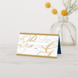 Gold Blue Elegant Script Monogram Weddenschap Plaatskaartje