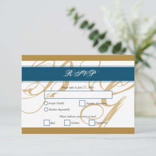 Gold Blue Elegant Script Monogram Weddenschap RSVP Kaartje (Staand voorkant)