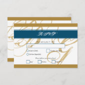 Gold Blue Elegant Script Monogram Weddenschap RSVP Kaartje (Voorkant / Achterkant)
