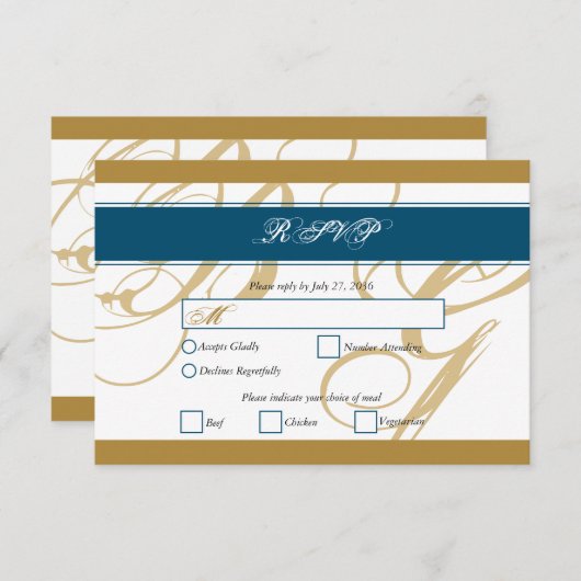 Gold Blue Elegant Script Monogram Weddenschap RSVP Kaartje (Voorkant / Achterkant)