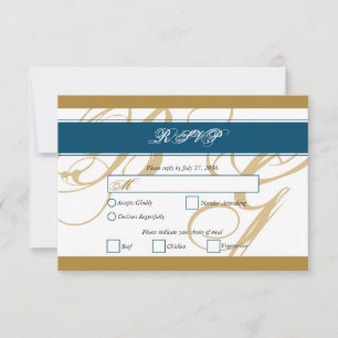Gold Blue Elegant Script Monogram Weddenschap RSVP Kaartje