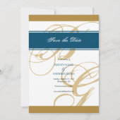 Gold Blue Elegant Script Monogram Weddenschap Save The Date (Voorkant)