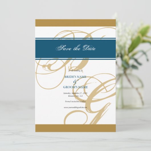 Gold Blue Elegant Script Monogram Weddenschap Save The Date (Staand voorkant)