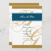 Gold Blue Elegant Script Monogram Weddenschap Save The Date (Voorkant / Achterkant)