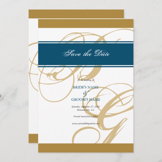 Gold Blue Elegant Script Monogram Weddenschap Save The Date (Voorkant / Achterkant)