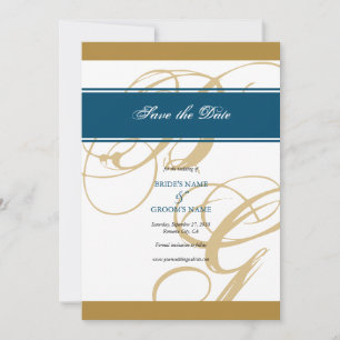 Gold Blue Elegant Script Monogram Weddenschap Save The Date