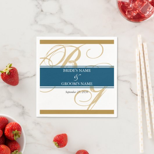 Gold Blue Elegant Script Monogram Weddenschap Servet (Insitu)