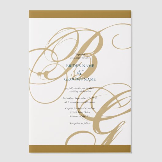 Gold Blue Elegant Script Monogram Weddenschap Vellum Uitnodigingen (Voorkant)