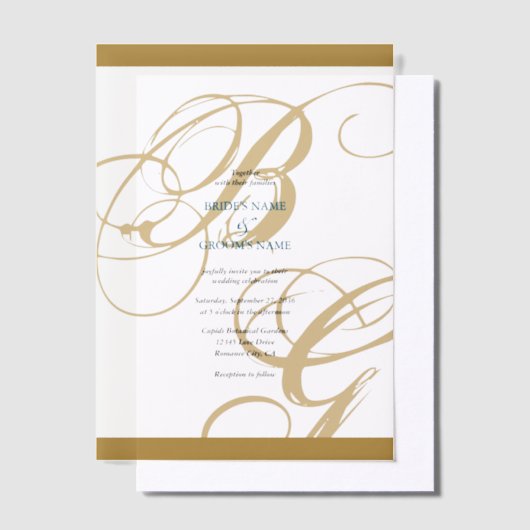 Gold Blue Elegant Script Monogram Weddenschap Vellum Uitnodigingen (Offset)