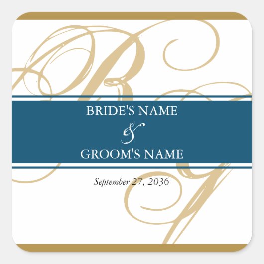 Gold Blue Elegant Script Monogram Weddenschap Vierkante Sticker (Voorkant)