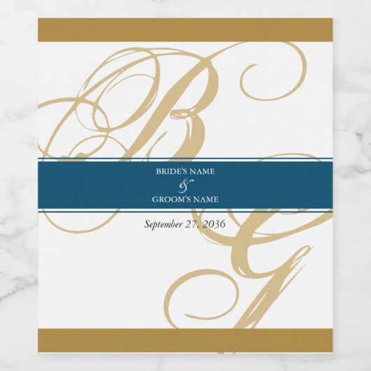 Gold Blue Elegant Script Monogram Weddenschap Wijn Etiket (Enkel label)