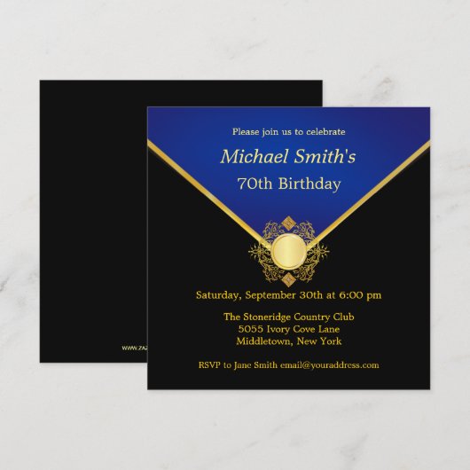 Gold Blue Emblem Elegant Birthday Party nodigt uit Kaart (Voorkant / Achterkant)