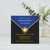 Gold Blue Emblem Elegant Birthday Party nodigt uit Kaart (Staand voorkant)