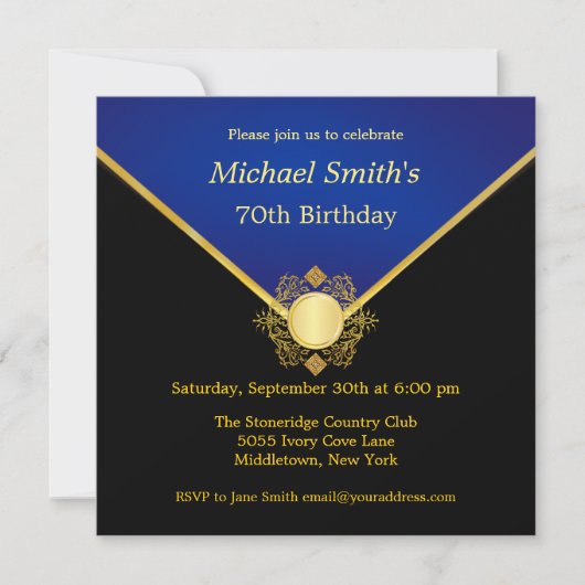 Gold Blue Emblem Elegant Birthday Party nodigt uit Kaart (Voorkant)