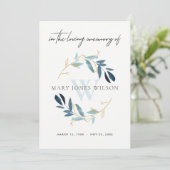 GOLD BLUE FAUNA SYMPATHY MEMORIAL SERVICE INVITE BEDANKKAART (Staand voorkant)