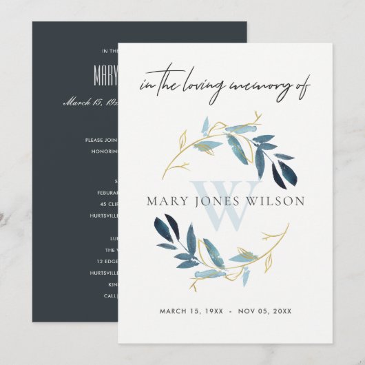 GOLD BLUE FAUNA SYMPATHY MEMORIAL SERVICE INVITE BEDANKKAART (Voorkant / Achterkant)