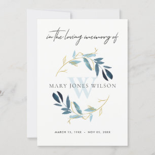 GOLD BLUE FAUNA SYMPATHY MEMORIAL SERVICE INVITE BEDANKKAART