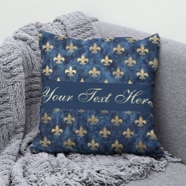 Gold Blue Fleur De Lis voegt Jouw tekst Sierkussen
