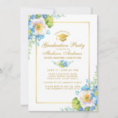 Gold Blue Floral Afstudeerder Party - Uitnodiging  (Voorkant)
