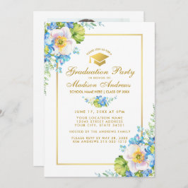 Gold Blue Floral Afstudeerder Party - Uitnodiging 
