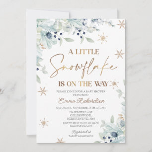 Gold Blue Floral Little Snowflake Baby shower Kaart