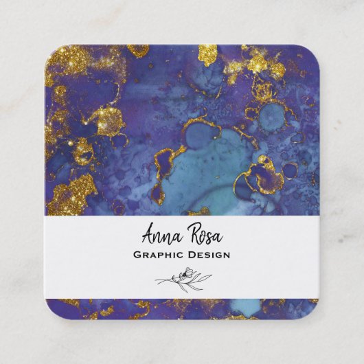 *~* Gold Blue Floral Marble Abstract Organic Vierkante Visitekaartje (Voorkant)