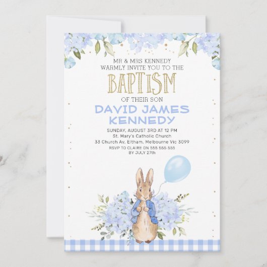 Gold Blue Floral Peter Rabbit Baptism Uitnodiging (Voorkant)