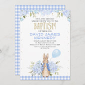 Gold Blue Floral Peter Rabbit Baptism Uitnodiging (Voorkant / Achterkant)