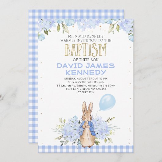 Gold Blue Floral Peter Rabbit Baptism Uitnodiging (Voorkant / Achterkant)