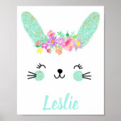 Gold Blue Floral Rabbit face Nursery Poster Name (Voorkant)