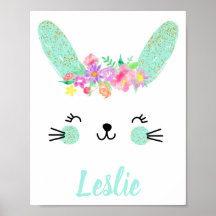 Gold Blue Floral Rabbit face Nursery Poster Name