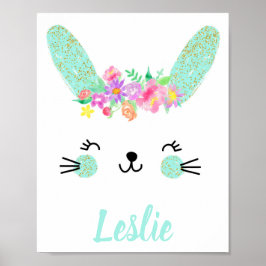 Gold Blue Floral Rabbit face Nursery Poster Name
