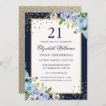 Gold Blue floral Sparkle 21st Birthday Invitation Kaart<br><div class="desc">Meer  uitnodigingen voor bloederige verjaardagen in de Little Bayleigh Store.</div>