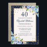 Gold Blue floral Sparkle 40th Birthday Invitation Kaart<br><div class="desc">Meer  uitnodigingen voor bloederige verjaardagen in de Little Bayleigh Store.</div>