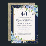 Gold Blue floral Sparkle 40th Birthday Invitation Kaart<br><div class="desc">Meer  uitnodigingen voor bloederige verjaardagen in de Little Bayleigh Store.</div>