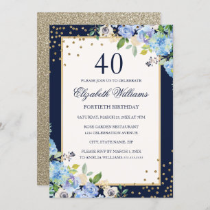 Gold Blue floral Sparkle 40th Birthday Invitation Kaart